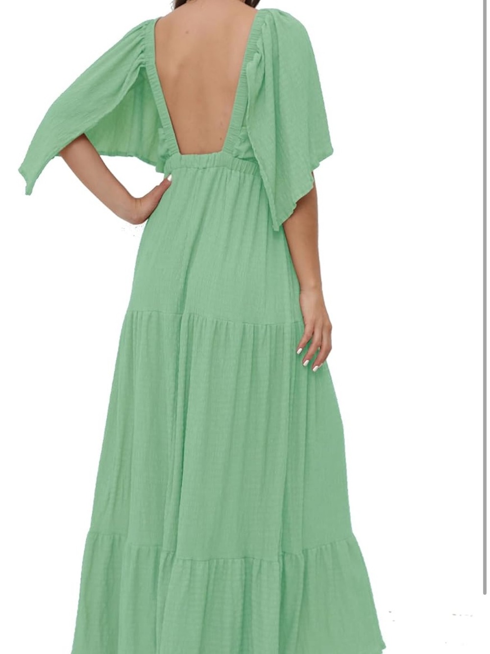 Lemon Olive Green V-Neck Maxi Dress with Flutter Sleeves - Picture 7 of 7